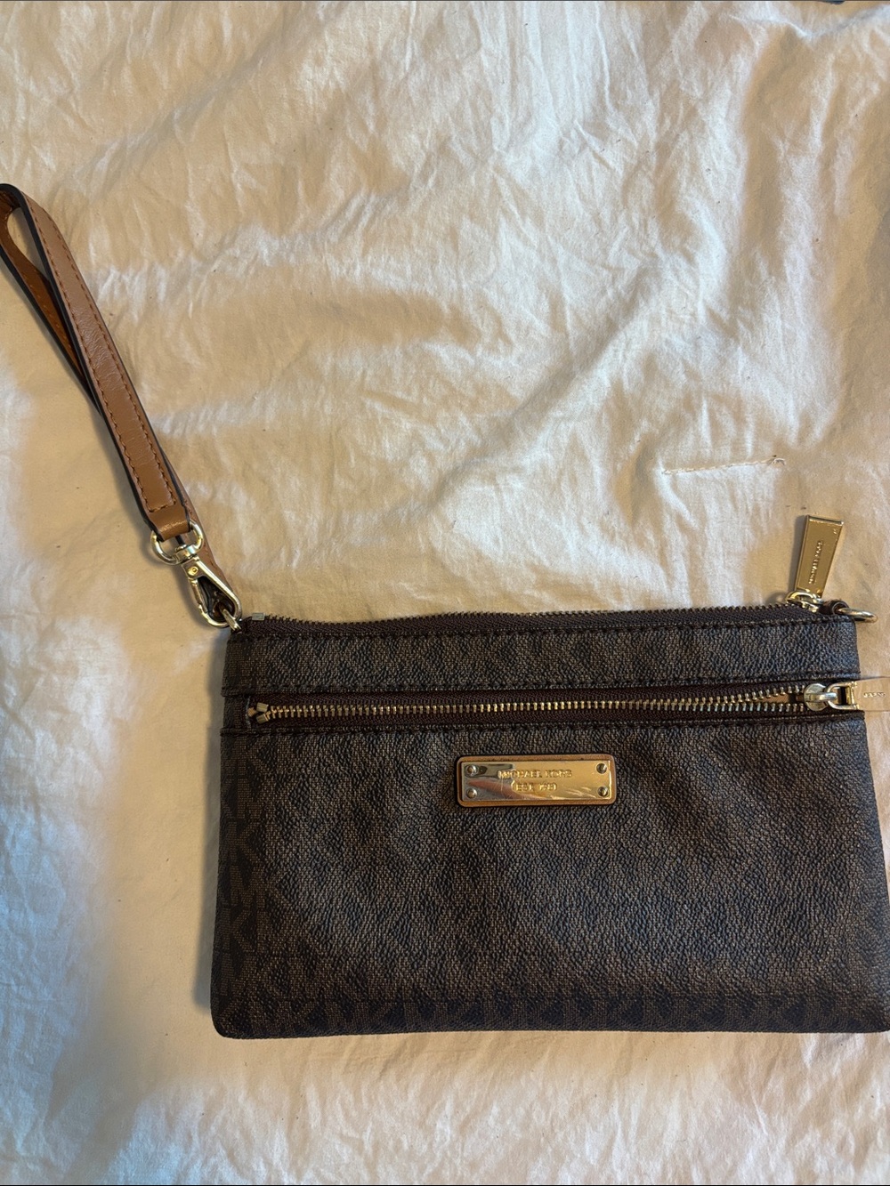 Michael Kors Dark Brown MK Signature Wristlet with Gold Hardware